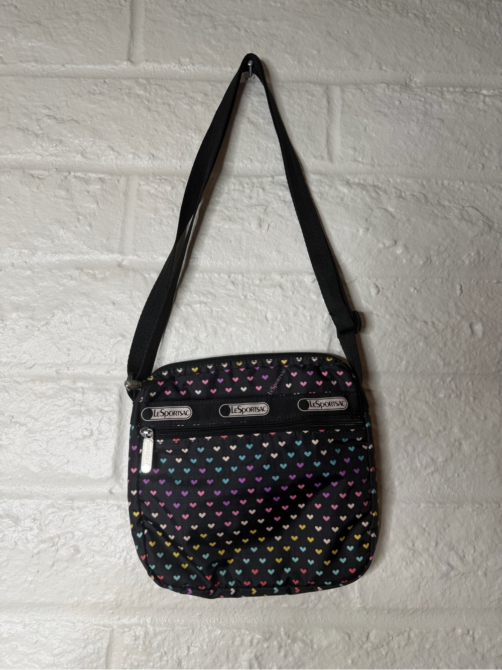 Lesportsac Black Crossbody Bag with Multicolor Heart Print Small Rainbow